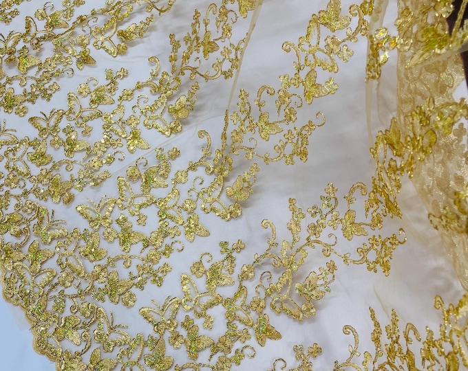 Gold Hologram Sequin Butterfly Lace Fabric: Metallic Corded Embroidery with Sequins
