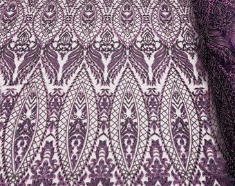 Plum Damask Beaded Fabric: Embroidered Floral Mesh, Bridal Wedding Fabric By Yard
