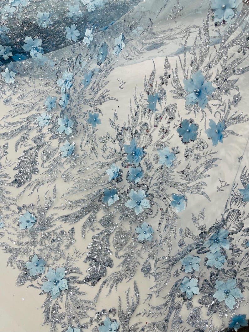 Baby Blue Glitter Floral Mesh, Glitter 3D Flower Sequin Fabric, Wedding ...