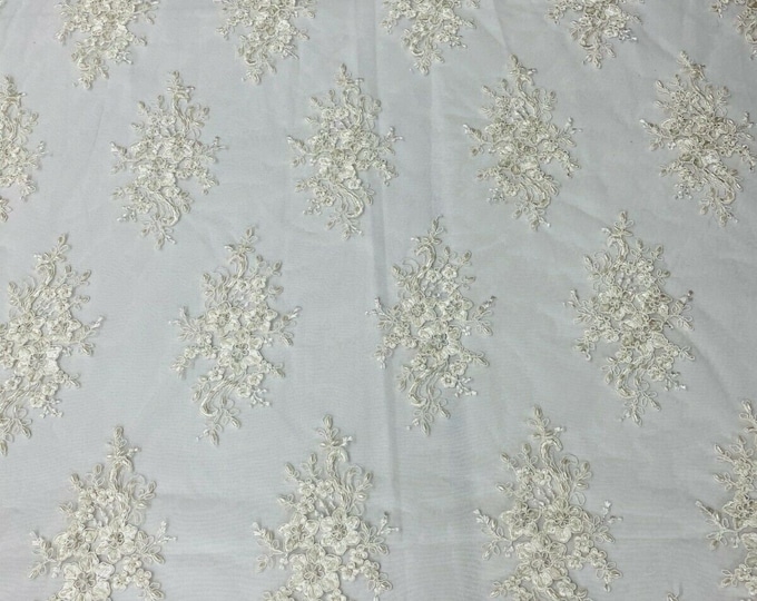 Of White Cluster Bead Fabric - Embroidered Flower Beaded Fabric Wedding Bridal Sold By Yard