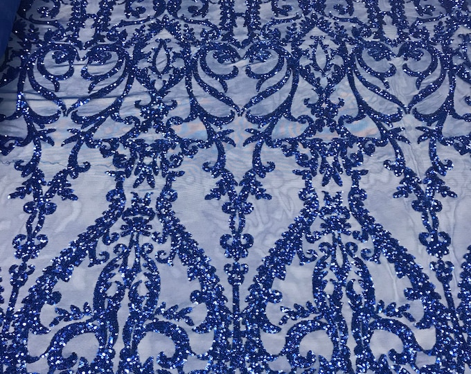 Sequins Royal Blue Lace Fabric, DAMASK Design Embroidered on a Mesh 4 way Stretch Sequin By The Yard -Prom-Gown ( Choose The Size )