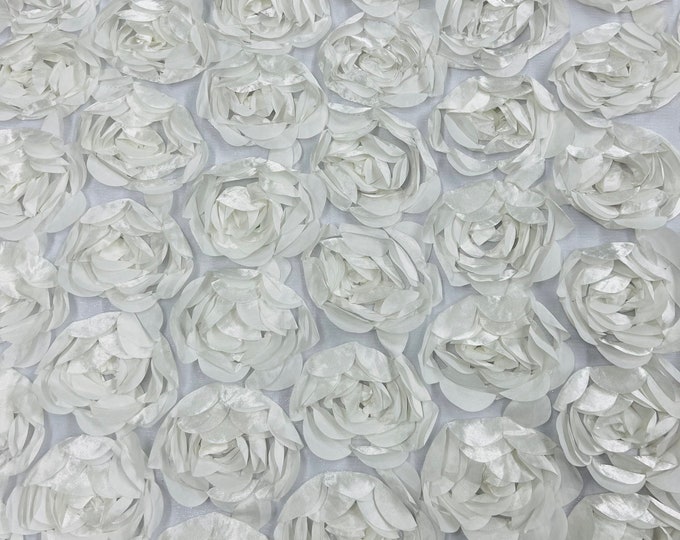 Off White Rosette Fabric 3D Floral Fabric By The Yard, Peony Bouquet Fabric on Mesh, 3D Rosette Satin Fabric Wedding Decor.