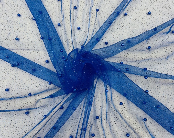 Royal Blue Pearl Glitter Mesh Fabric, 2way Stretch Scattered Pearls Studded with glitter Mesh, sold by the yard (Pick a Size)