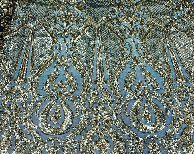 Sequin Gold Lace Fabric, DAMASK Design Embroidered on Black Mesh 4 way Stretch Sequin By The Yard -Prom-Gown ( Choose The Size )