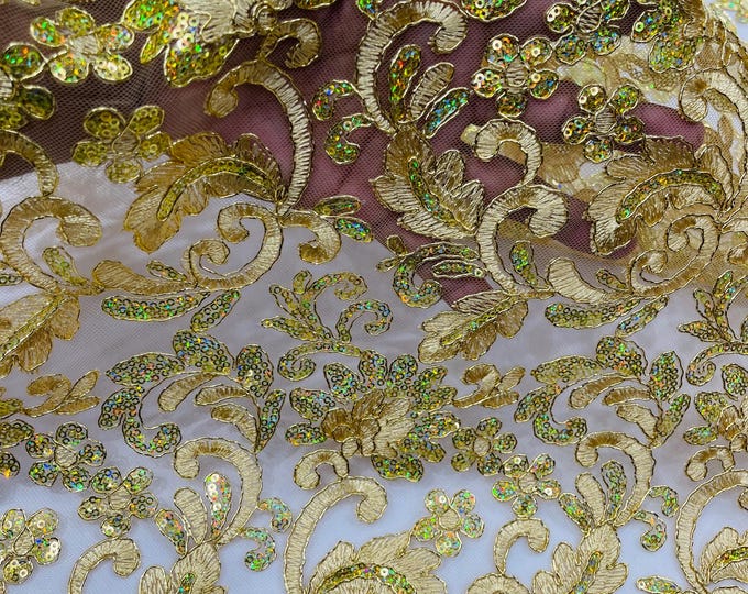 Gold Metallic Corded Flower Lace Fabric by the yard: Embroider With Holographic Sequins Fabric