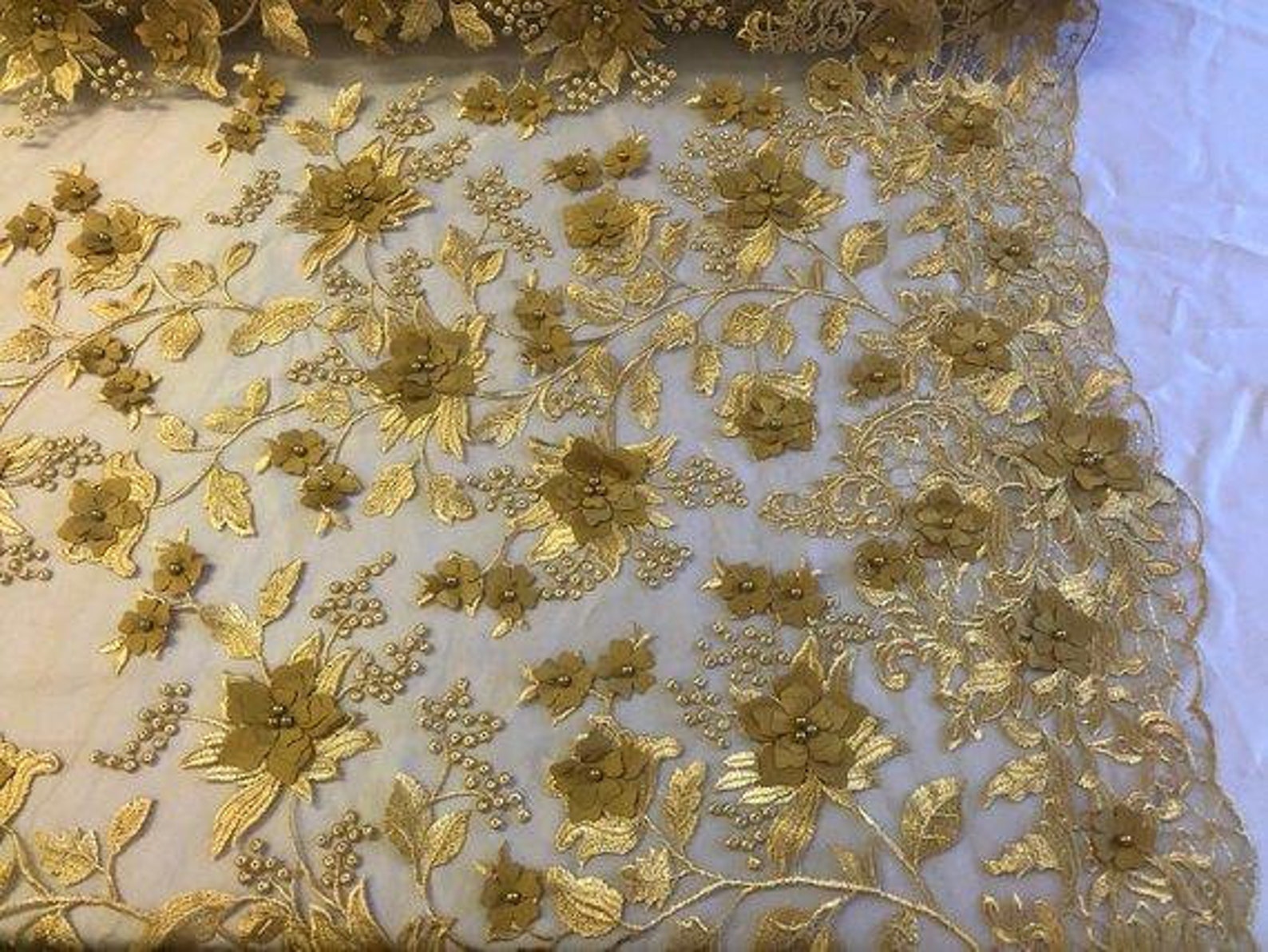 Gold 3d floral design embroider with beads and pearls on a mesh lace-prom-nightgown-sold by yard. main image 0