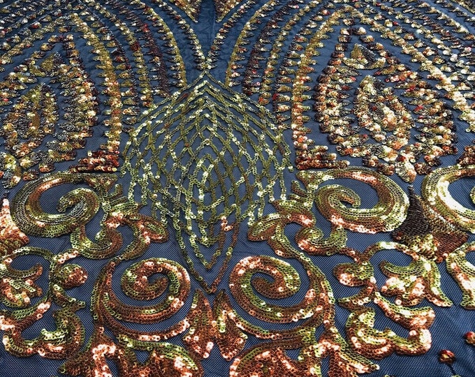 Orange Iridescent/Black - 4 Way Stretch Geometric Sequins Bella Design on Mesh Fabric for Prom Gala Gown Sold By The Yard