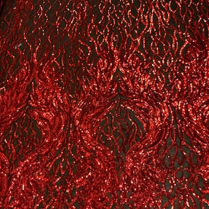 Red Sequins Lace Fabric On Black Mesh, DAMASK Design Embroidered On a Mesh 4 way Stretch Sequin By The Yard -Prom-Gown ( Choose The Size )