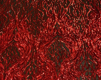 Red Sequins Damask Fabric on Black Mesh, Embroidered Prom Gown Fabric