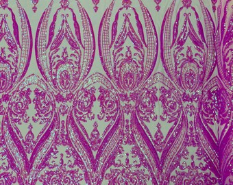 Candy Pink Iridescent Sequin 4 Way Stretch Fancy Big Damask Design Sequins on Spandex Mesh Prom Gala Gown Fabric By The Yard