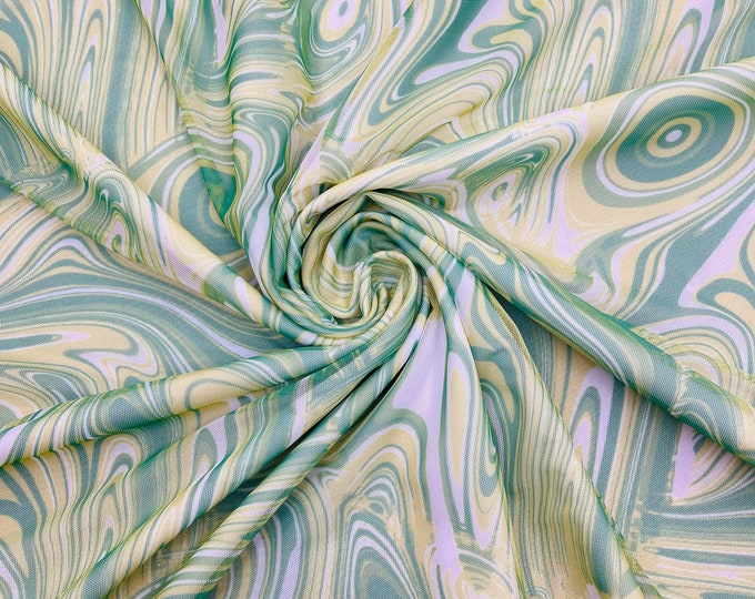 Green Abstract Printed Power Mesh Fabric | Abstract Design Print | 60” Wide 4 Way Stretch | Print Abstract | by the yard