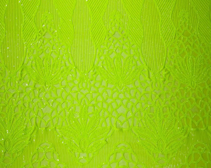 Lime Green Sequin Fabric | Floral Damask Design on a 4 Way Stretch | Sequins Lace | Spandex Fabric For Prom-Gown By The Yard
