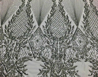 Silver Sequin Fabric – Geometric Diamond Design, 4-Way Stretch