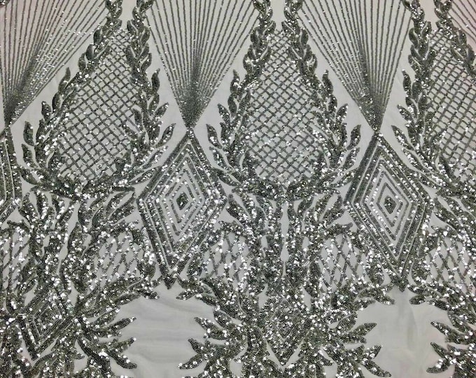Silver Sequin  - 4 Way Stretch Geometric Diamond Design on Mesh Fabric for Prom Gala Gown By The Yard