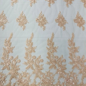 Peach Floral Pattern Beaded Fabric - Embroidered Beaded & Sequins Wedding Bridal Fabric | Lace Beaded | Sold By The Yard