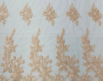 Peach Floral Beaded Lace Fabric – Embroidered Wedding Bridal Mesh, Sold By The Yard
