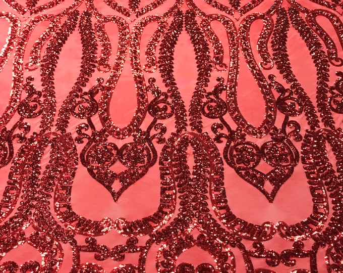 Red Sequins Lace Fabric On a Mesh, DAMASK Design Embroidered On 4 way Stretch Sequin By The Yard -Prom-Gown ( Choose The Size )