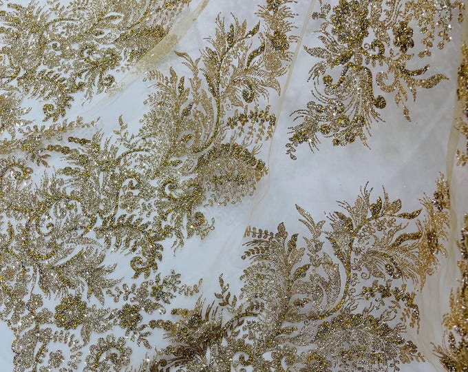Champagne Silver Rhinestones Glitter Fabric on a Mesh By The Yard | Quinceañera Design  Glitter Rhinestones on Mesh Fabric Prom Dress