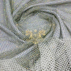 Iridescent Rhinestone Fishnet Fabric: White Stretch Spandex, Crystal Stones