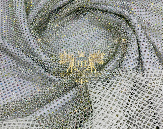 Iridescent Rhinestones Fabric On White Stretch Net Fabric, Spandex Fish Net with Crystal Stones sold by the yard