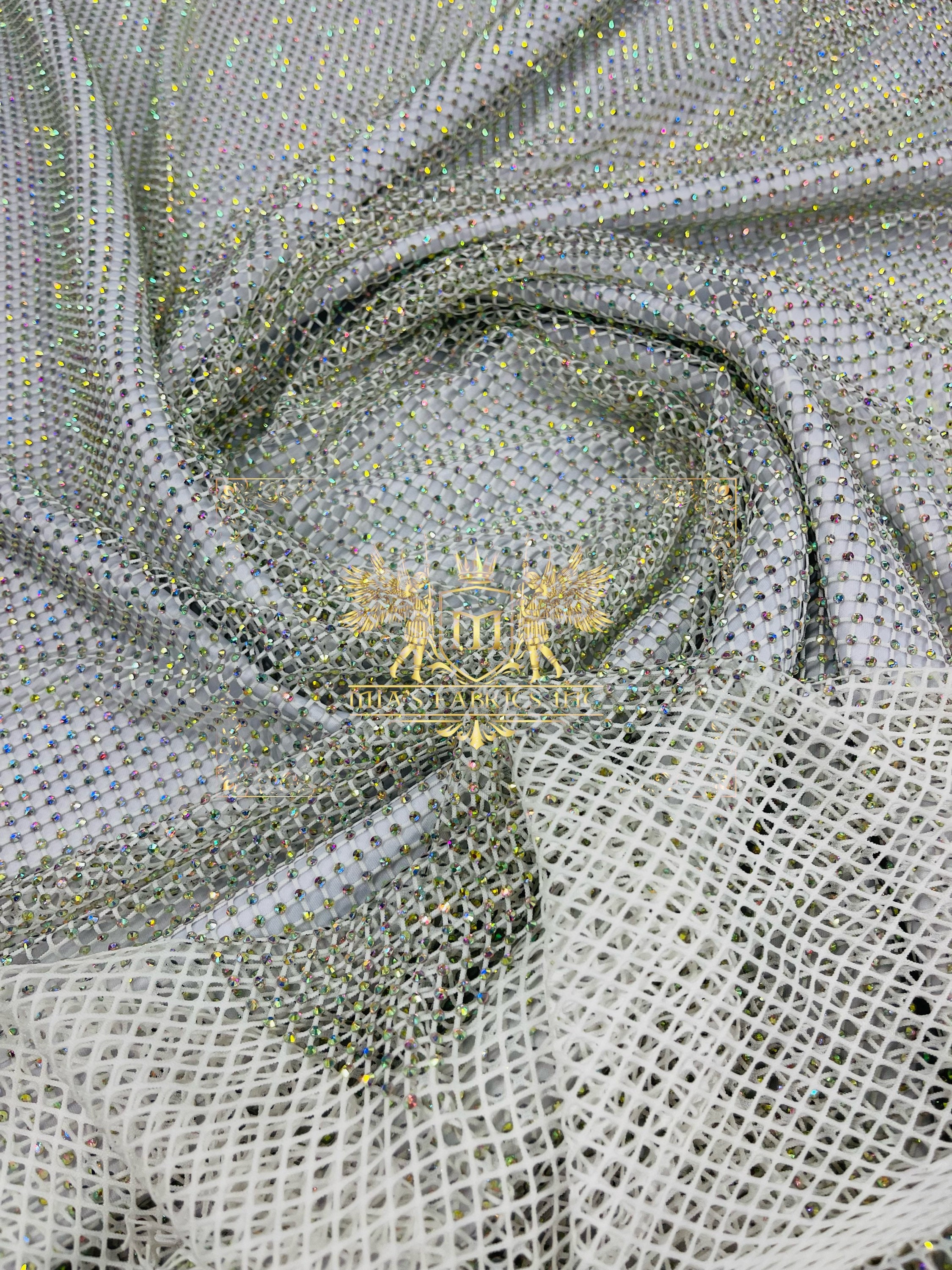 Fishnet Iridescent Rhinestones Fabric - White - Spandex Fabric Fish Ne