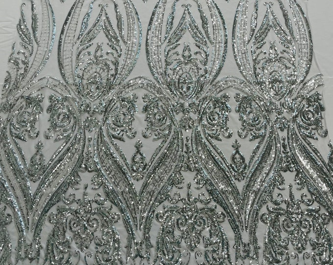 Silver  Sequins Fabric Sold By The Yard - on White Spandex Mesh - Damask Design 4 Way Stretch Sequin Fabric