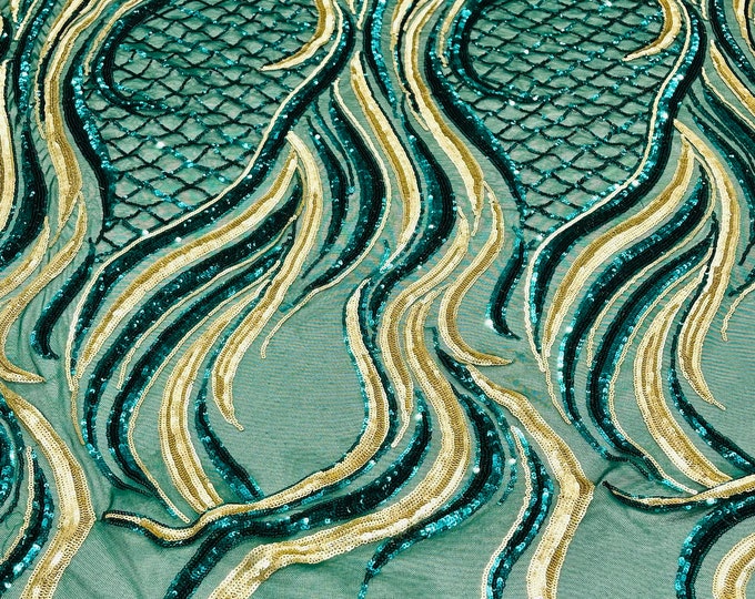 Sequins Fabric Two Tone Hunter Green-Matte Gold Geometric Design 4Way Stretch Sequin Fabric Spandex Mesh BTY