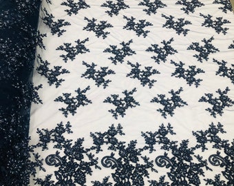 Navy Floral Beaded Lace Fabric: Embroidered Mesh, Pearls - By The Yard
