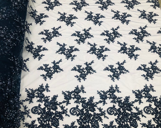 Navy Floral Design Beaded Fabric - by the yard - Embroidered With Pearls and Beads on Mesh Lace Fabric