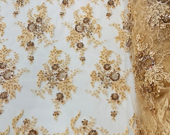 Champagne Flower Cluster Beaded Lace Fabric - Embroidered Border