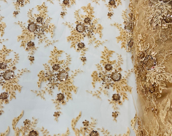 Champagne Flower Cluster Beaded Fabric | by the yard | Embroidered Beaded Layered Border Fabric, Lace Beaded