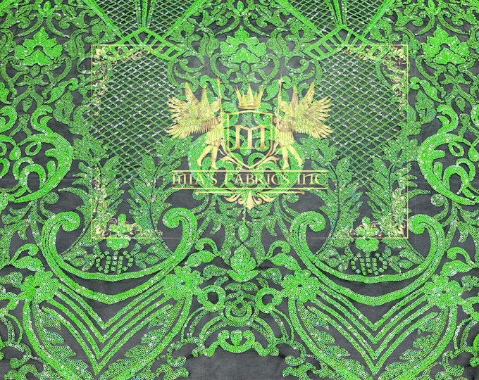 Neon Green Sequin on Black Mesh Embroidered With Sequins Fabric 4 Way Stretch Damask Design Sequin Fabric Mesh-Prom-Gown By The Yard