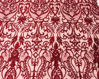 Burgundy Damask Beaded Fabric: Embroidered Floral Mesh, Bridal Wedding