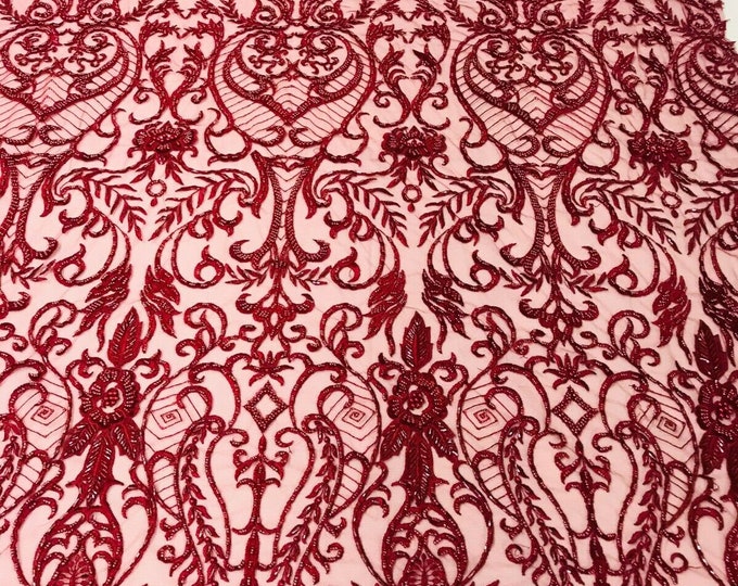 Glam Damask Beaded Fabric, Burgundy - Embroidered Fashion Fabric with Beads Wedding Bridal Sold By Yard