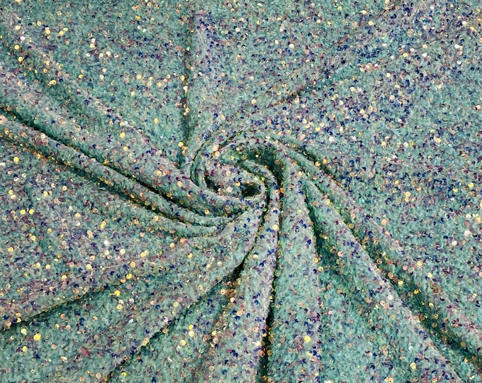 Clear Iridescent Sequin Fabric on Mint Stretch Velvet - by the yard - all Over 5mm Sequins Velvet 2-way Stretch 58/60”
