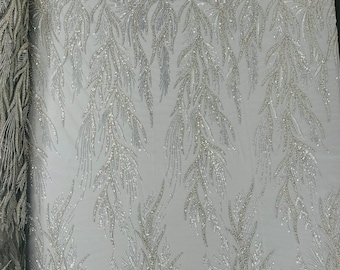 Silver Leaf Beaded Fabric – Embroidered Bridal Mesh, Sold By The Yard