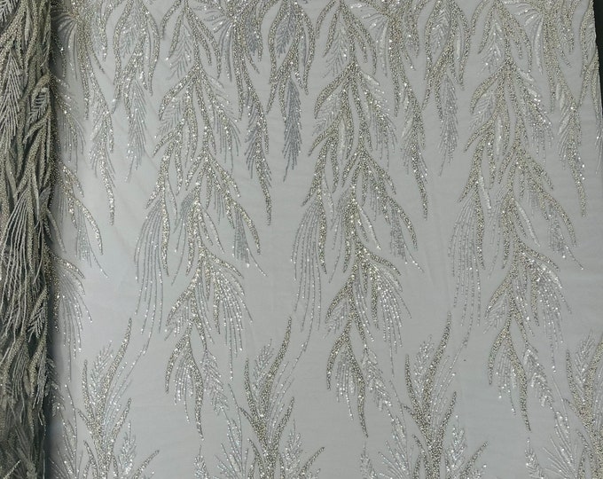 Silver Leaf Pattern Lines Beaded Fabric - Embroidered Line Beaded Wedding Bridal Fabric Sold By The Yard