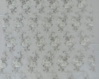 White/Silver Floral Lace Fabric - By The Yard - Embroidery Flower With Sequins on a Mesh Lace Fabric For Gown, Wedding-Bridal