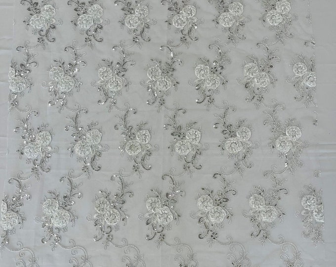 White/Silver Floral Lace Fabric - By The Yard - Embroidery Flower With Sequins on a Mesh Lace Fabric For Gown, Wedding-Bridal