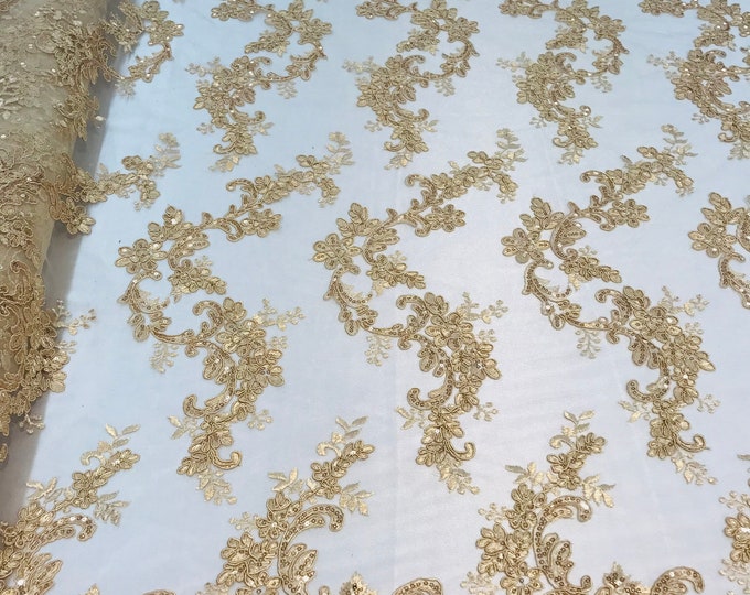 Gold Floral Lace Fabric, Embroidery With Sequins on a Mesh Lace Fabric By The Yard For Gown, Wedding-Bridal