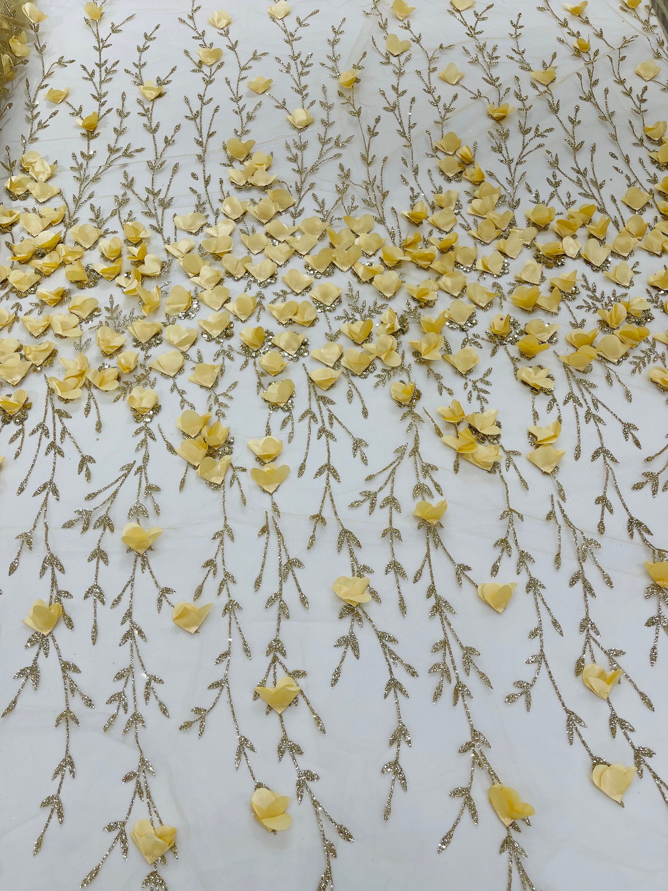 Gold 3D Flower Glitter Sequin Fabric by the Yard, Gold 3D Floral ...