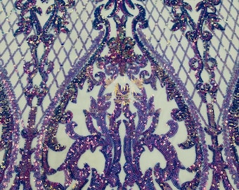 Lavender Iridescent Sequins Fabric | Nude 4 Way Stretch Mesh | Embroidered Damask Design With Iridescent Sequin Lace Prom-Gown by the yard
