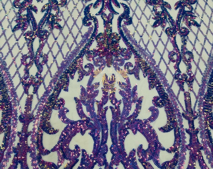 Lavender Iridescent Sequins Fabric | Nude 4 Way Stretch Mesh | Embroidered Damask Design With Iridescent Sequin Lace Prom-Gown by the yard