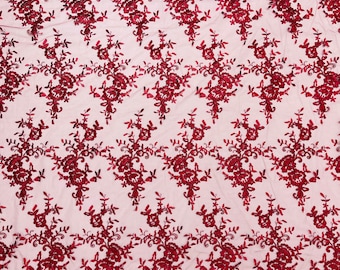 Burgundy Floral Embroidered Lace Fabric, Scalloped Edge Bridal Mesh, By The Yard