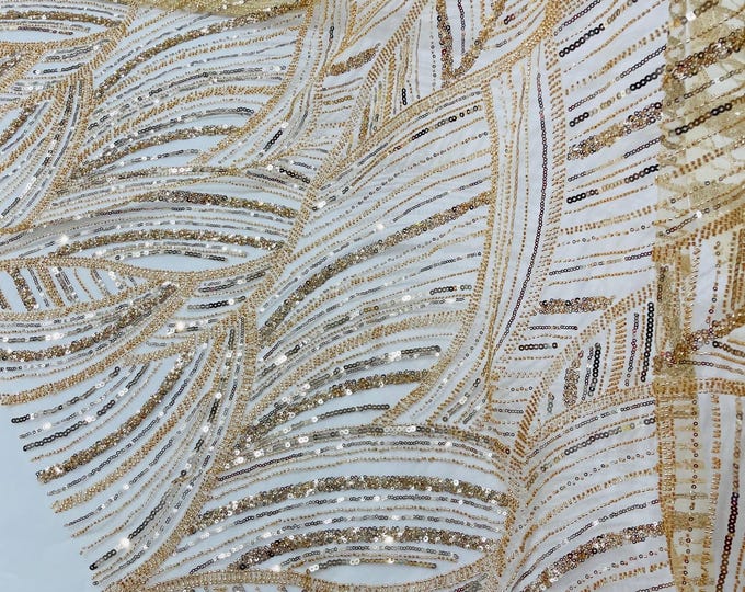 Champagne Beaded Lace Fabric: Embroidered Mesh, Bridal Wedding Dress - Fashion Beaded
