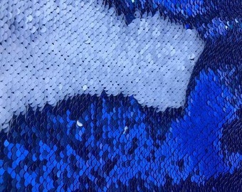 Royal Blue & White Reversible Sequins Fabric: 2-Way Stretch