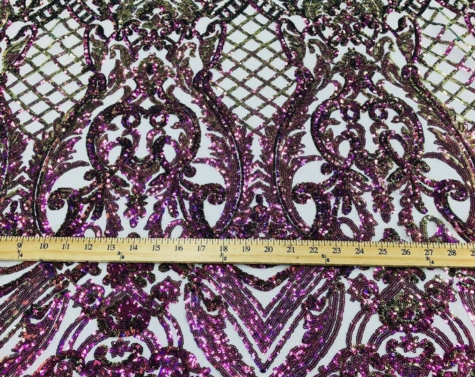 Iridescent Purple Selena Design on a 4 Way Stretch Sequin Lace Mesh - Prom Gala Gown Fabric By Yard