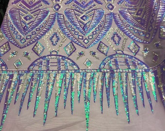 Iridescent Lilac Sequin Fabric, Aztec Design Embroidery on Mesh, By The Yard