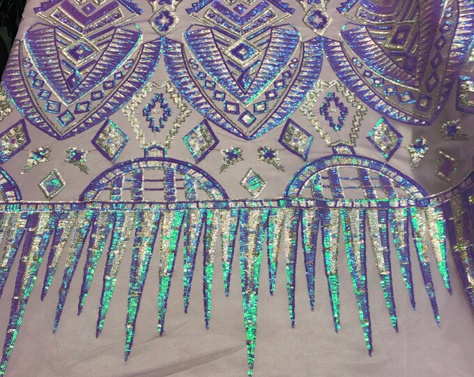 Iridescent Lilac Sequin Fabrics, Aztec Design 4Way Stretch Embroidery With Sequin on a Mesh-Prom-Gown By The Yard
