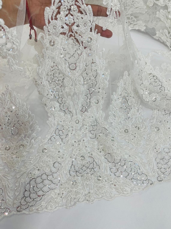 White Beaded Fabric by the yard, Floral Embroider and Heavy Beaded on a  Mesh With Beads and Sequin for Bridal,weddings,prom dress